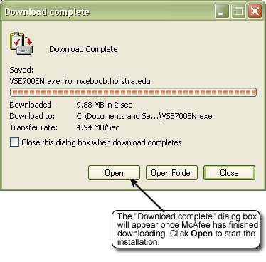 Download complete dialog box.  Click Open to start the installation.