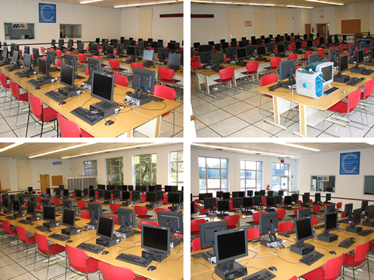 Four pictures of Calkins Lab with computers.
