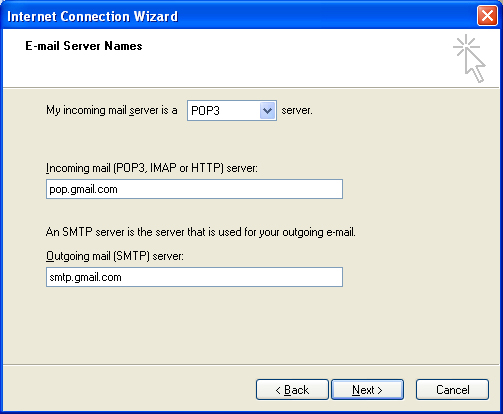 Internet Connection Wizard E-mail Server Names