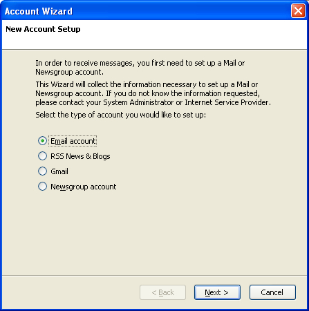 Account Wizard New Account Setup