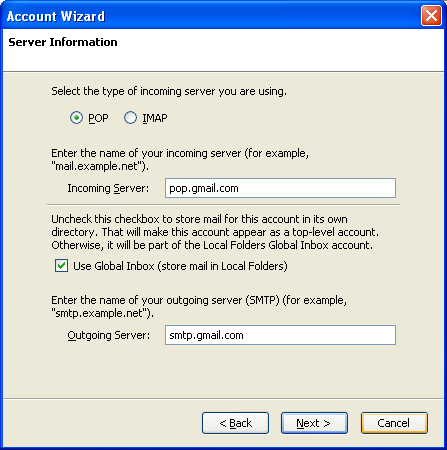 Account Wizard Server Settings