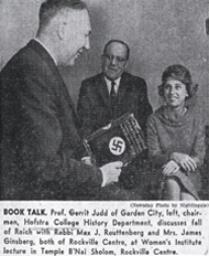 BOOK TALK: Prof. Gerrit Judd of Garden City, left, chairman, Hofstra College History Department, discusses fall of Reich with Rabbi Max J. Routtenberg and Mrs. James Ginsberg, both of Rockville Centre, at Women's Institute lecture in Temple B'Nai Sholom, Rockville Centre.