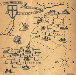 The image is from a book in the Kroul Collection titled: Wehr und Pflug in Deutschland. Published in 1942.  It is a map of castles of the knights in Germany.
