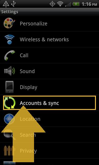 Settings app with Accounts & Sync selected