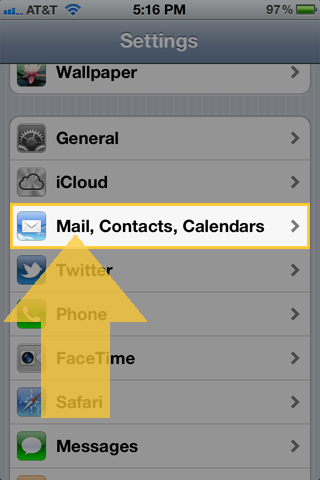iOS settings app with Mail, Contacts, Calendars selected