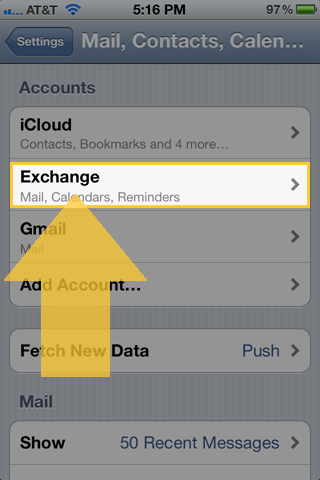 iOS Mail, Contacts, Calendars pane with Exchange account selected