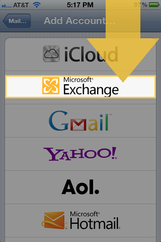 Selecting Microsoft Exchange from Add Accounts