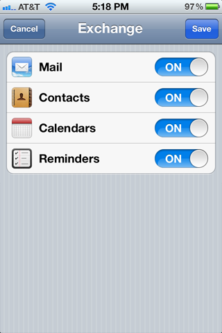 Back at the Mail, Contacts, Calendars screen