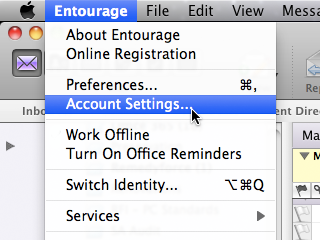 Entourage window with Entourage menu and Account Preferences item selected