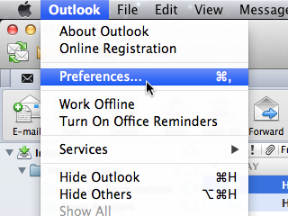 Outlook window with Outlook menu and Preferences item selected