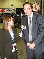 Hofstra has a long history (5 decades) of developing radio and TV on-air talent. Pictured here WRHU FM student reporter Samantha Manning speaking with Radio Hofstra University alumnus and nationally syndicated radio and TV personality Alan Colmes.