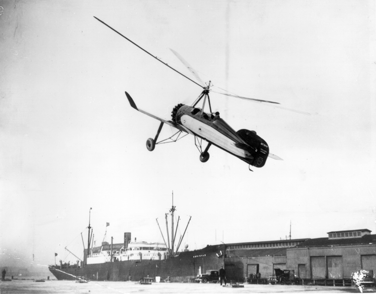 James G. Jim Ray taking off with passenger Juan de la Cierva from Pier 38 in Manhattan in a PCA-2 Autogiro in 1931.