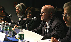 (l to r) Hofstra Professor Steven Knowlton, Judithanne Scourfield McLauchlan, Bradley Freeman and Eric Alterman on the Considering the Press panel