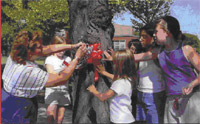 Students and a teacher placing ribbons on trees at Harold D. Fayette Elementary School in North Merrick, UFSD