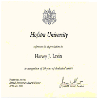 Hofstra University "Certificate of Appreciation" for 30 years of service presented at the Annual Anniversary Awards Dinner on April 29, 1988.