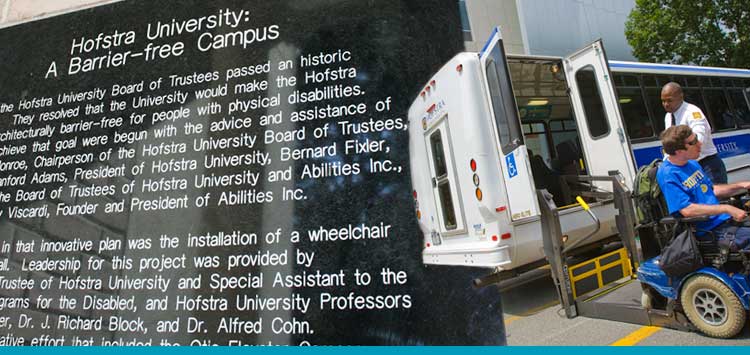 Disability Studies Sign Stating University's Disability History and Student with Wheelchair using Accomodations to leave bus
