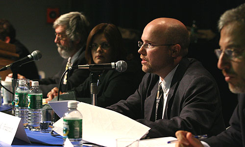 (l to r) Hofstra Professor Steven Knowlton, Judithanne Scourfield McLauchlan, Bradley Freeman and Eric Alterman on the Considering the Press panel