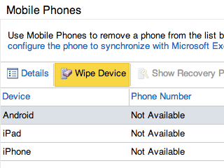 Mobile phones management pane with device selected and wipe device button highlighted