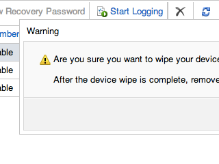 Warning asking for confirmation before wiping device.