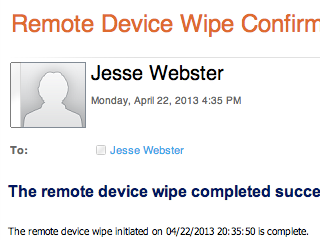 Confirmation of remote wipe.