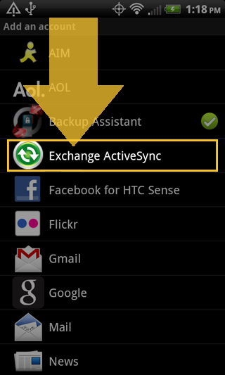 Selecting Exchange ActiveSync as the account type