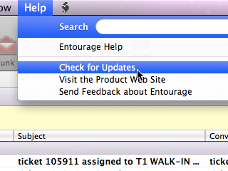 Entourage Help menu, with Check for Updates selected