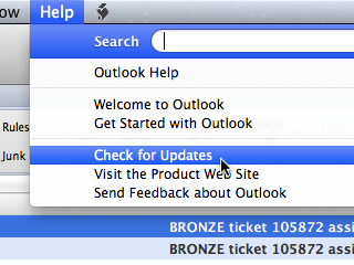 Outlook Help menu, with Check for Updates selected