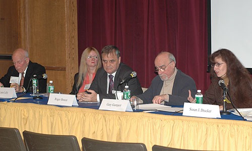 John Gibbons, Laura Lally, Roger Breeze, Gary Gumpert and Susan Drucker on the Impeachment panel