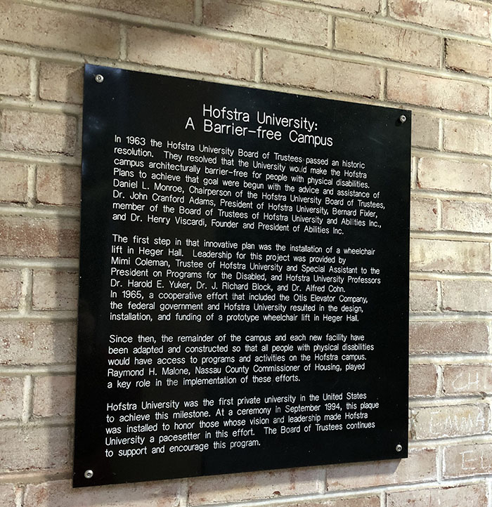 Barrier Free Campus Plaque at Hofstra