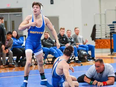 Garrett Lambert in a 2019 match against Air Force. Now the Hofstra University wrestling team is unable to hold traditional practices at this time because of the coronavirus. Photo courtesy Hofstra University Athletics