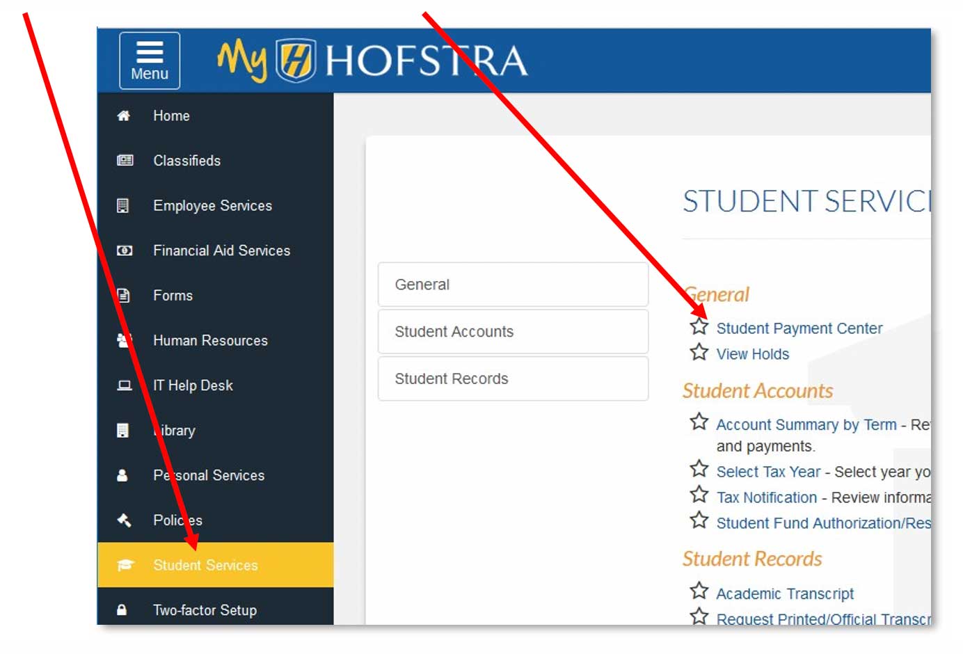 Under Student Services, select Student Payment Center