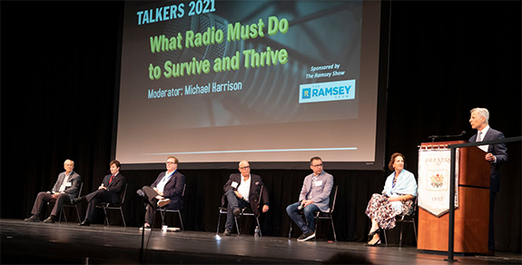 Pictured above taking part on the “What Radio Must Do to Survive and Thrive” panel at TALKERS 2021 at Hofstra University on June 11 are (from r-l): Dr. Ira Nash, SVP/executive director, Northwell Health Physicians Partners, who introduced the panel, .Julie Talbott, President, Premiere Networks, Chris Oliviero, SVP/market manager, Audacy New York, Gary Krantz, CEO Krantz Media Group, Walter Sterling, talk host, “Sterling on Sunday”  Vince Benedetto, CEO, Bold Gold Media Group , and Bruce Avery, general manag