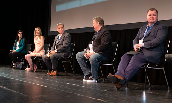 Appearing on the “Strategizing a Talk Show Hosting Career” panel were (from l-r): Heather Cohen, EVP, The Weiss Agency; Grace Curley, talk host, Howie Carr Radio Network; Dom Giordano, talk host, WPHT, Philadelphia; Rob Carson, talk host, Newsmax TV; and Erick Erickson, talk host, WSB, Atlanta and in syndication at TALKERS 21 at Hofstra University on Friday, June 11. (Not pictured: Harry Hurley, WPG, Atlantic City; and moderator Kevin Casey, VP/executive editor, TALKERS magazine.)