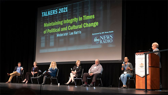 Pictured above taking part on the “Maintaining Integrity in Times of Political and Cultural Change” panel at TALKERS 2021 at Hofstra University on June 11 are (from l-r): Rich Zeoli, talk host, WPHT, Philadelphia; Juliet Huddy, talk host, WABC, New York; Dr. Daliah Wachs, talk host, Genesis Communications Network; Lisa Wexler, talk host WICC, Bridgeport, CT/Connecticut Probate Judge; Larry Young, WOLB-AM, Baltimore; Dr. Lisa Mozer, talk host, WSIC, Statesville, NC; and Lee Harris, morning drive news anchor,