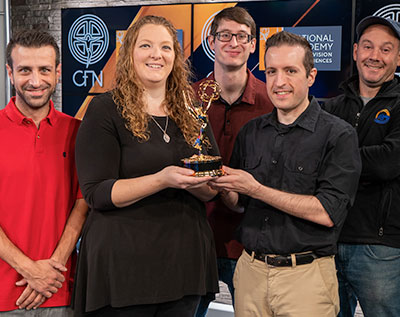 Lisa Tangredi and members of her crew from the Catholic Faith Network at the 65th Annual NY Emmy Awards.  L-R Front Row: Jonathan Grand ‘06 (Producer), Lisa Tangredi ’08 (Director), Nathan Rucci ’07 (Editor/Technical Director).  L-R Back Row: Nick Hintz ’16 (Production Specialist), TJ Katsoulas ‘05 (Lighting Director)
