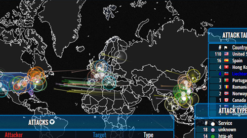 Image of map with locations of cyber attacks