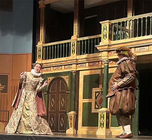 Dylan Morin and Kaitlyn King run lines for "The Merry Wives of Windsor" on the Hofstra Globe Stage