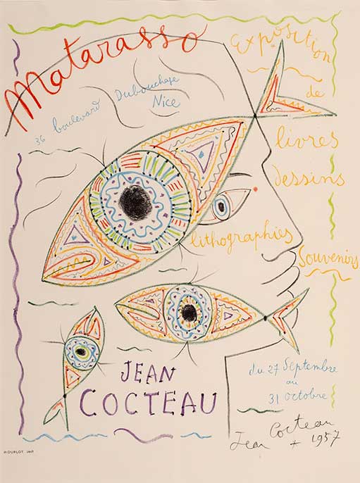 Jean Cocteau  (French, 1889-1963)  Matarasso, 1957  Original lithograph poster  25 x 19.25 in.  Hofstra University Museum of Art  Gift of Carole and Alex Rosenberg, HU88.136  © ARS / Comité Cocteau, Paris / ADAGP, Paris, 2023