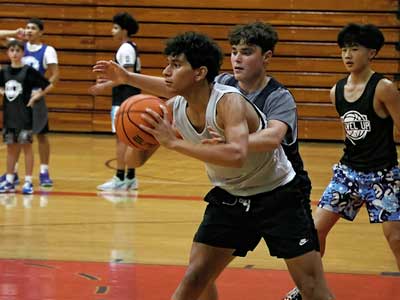 Boys playing basketball in a gym
