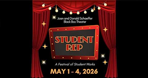 Student Rep Signage in front of Red Theatre Curtains