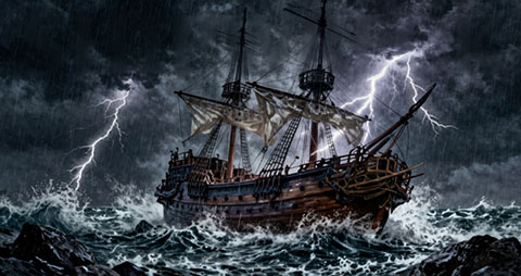 Image of an old sail boat in the ocean during a bad storm 