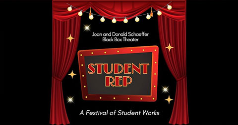 Student Rep Signage in front of Red Theatre Curtains