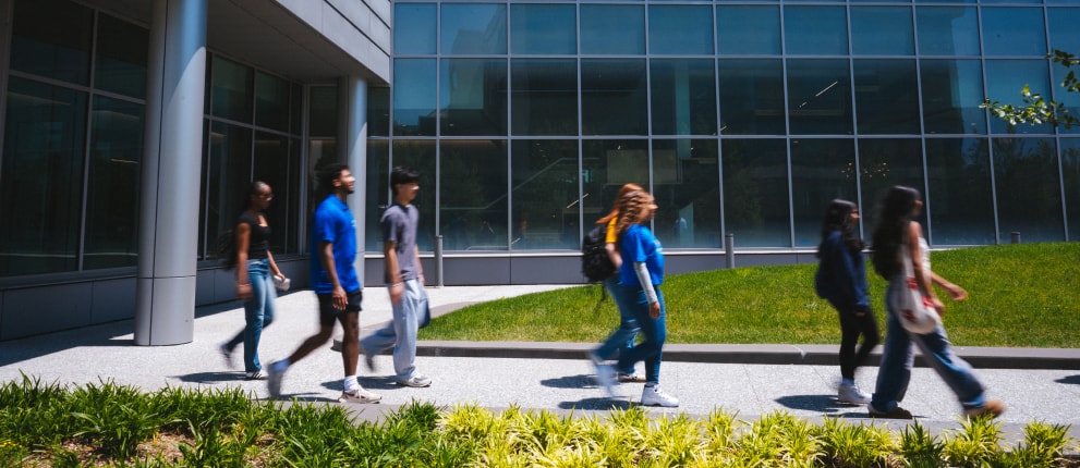A group of six students walk together outside a modern glass building on a sunny day, passing by green grass and landscaping.