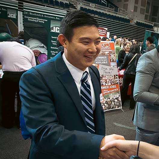student success, asian male, handshake