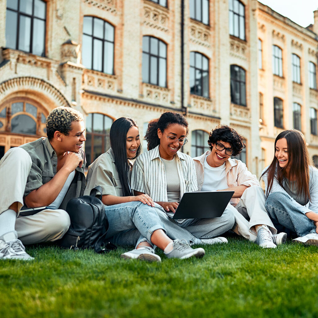 Students on lawn looking at laptop