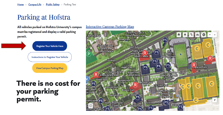 Screenshot of parking page with an arrow pointing at a button that reads "Register Your Vehicle Here"