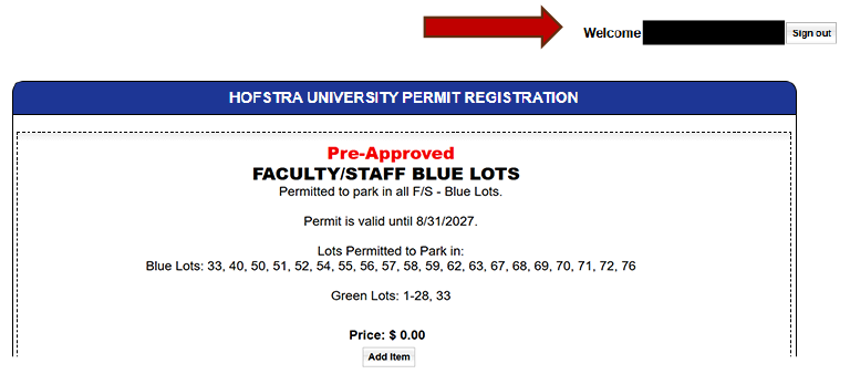 Screenshot of parking page with an arrow pointing at "Welcome"