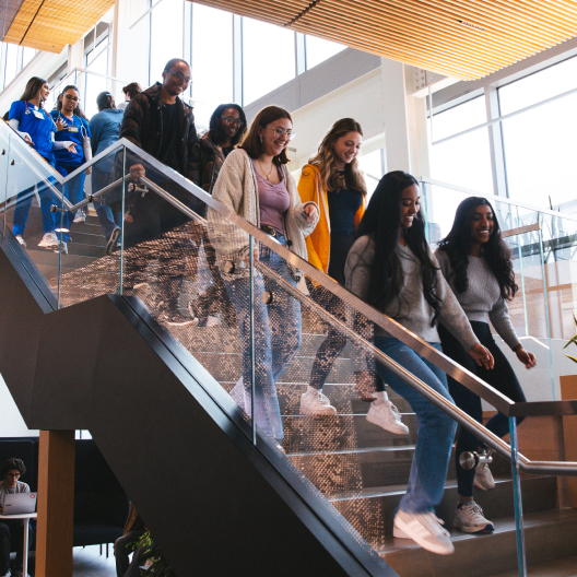A group of young adults, smiling and talking, walk down a modern staircase inside a bright building with large windows and natural light.