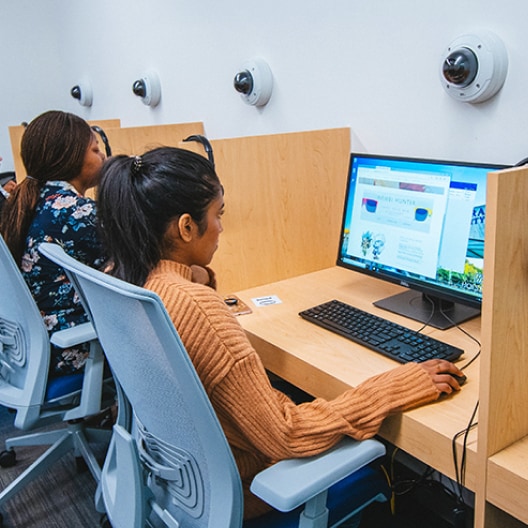 Two people sit at computer stations in a lab with privacy dividers. One person is using a desktop computer and wearing a brown sweater. Security cameras are mounted on the wall above them.