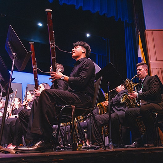 Musicians in black attire play woodwind and brass instruments on stage during a concert. Blue curtains and music stands are visible under stage lights.
